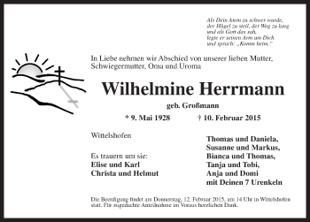 Traueranzeige von Wilhelmine Herrmann von Dinkelsbühl/ Feuchtwangen