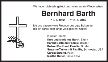 Traueranzeige von Bernhard Barth von Ansbach