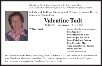 Traueranzeige von Valentine Todt von Neustadt/ Scheinfeld/ Uffenheim