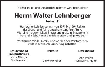 Traueranzeige von Walter Lehnberger von Dinkelsbühl/ Feuchtwangen