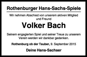 Traueranzeige von Volker Bach von Rothenburg