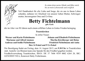 Traueranzeige von Betty Fichtelmann von Neustadt/ Scheinfeld/ Uffenheim