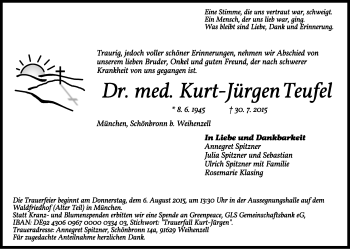 Traueranzeige von Kurt-Jürgen Teufel von Rothenburg