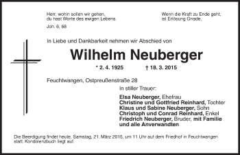 Traueranzeige von Wilhelm Neuberger von Dinkelsbühl/ Feuchtwangen