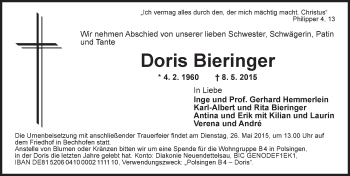 Traueranzeige von Doris Bieringer von Dinkelsbühl/ Feuchtwangen