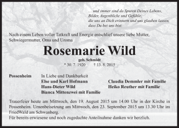 Traueranzeige von Rosemarie Wild von Neustadt/ Scheinfeld/ Uffenheim