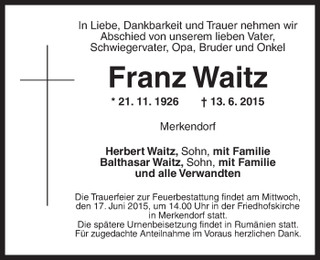 Traueranzeige von Franz Waitz von Ansbach