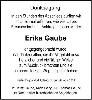 Traueranzeige von Erika Gaube von Rothenburg