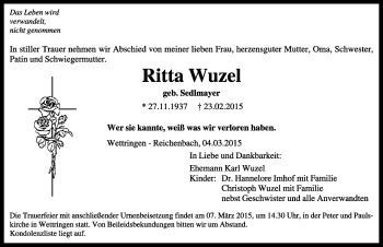 Traueranzeige von Ritta Wuzel von Rothenburg