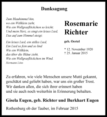 Traueranzeige von Rosemarie Richter von Rothenburg