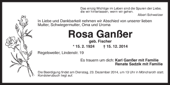 Traueranzeige von Rosa Ganßer von Dinkelsbühl/ Feuchtwangen