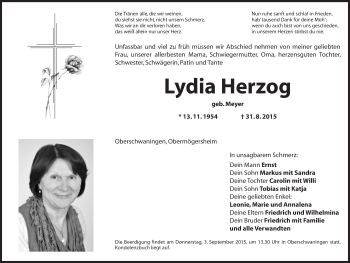 Traueranzeige von Lydia Herzog von Dinkelsbühl/ Feuchtwangen