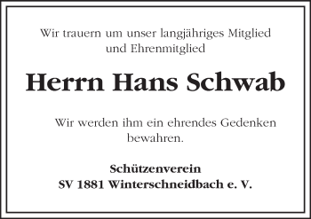 Traueranzeige von Hans Schwab von Ansbach