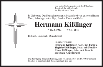 Traueranzeige von Hermann Kißlinger von Dinkelsbühl/ Feuchtwangen