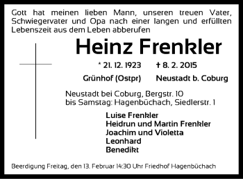 Traueranzeige von Heinz Frenkler von Neustadt/ Scheinfeld/ Uffenheim