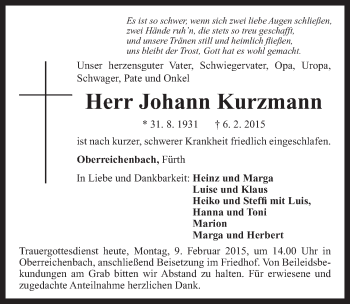 Traueranzeige von Johann Kurzmann von Neustadt/ Scheinfeld/ Uffenheim