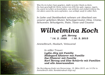 Traueranzeige von Wilhelmina Koch von Dinkelsbühl/ Feuchtwangen