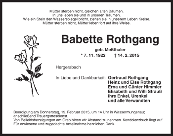 Traueranzeige von Babette Rothgang von Ansbach