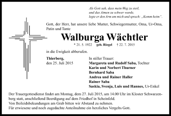 Traueranzeige von Walburga Wächtler von Neustadt/ Scheinfeld/ Uffenheim