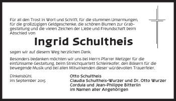 Traueranzeige von Ingrid Schultheis von Dinkelsbühl/ Feuchtwangen