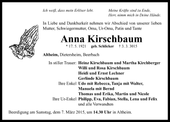 Traueranzeige von Anna Kirschbaum von Neustadt/ Scheinfeld/ Uffenheim