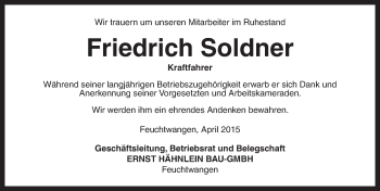 Traueranzeige von Friedrich Soldner von Dinkelsbühl/ Feuchtwangen