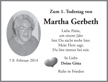 Traueranzeige von Martha Gerbeth von Dinkelsbühl/ Feuchtwangen