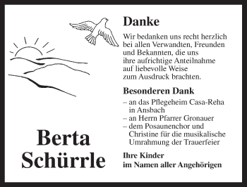 Traueranzeige von Berta Schürrl von Dinkelsbühl/ Feuchtwangen