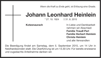 Traueranzeige von Johann Leonhard Heinlein von Neustadt/ Scheinfeld/ Uffenheim