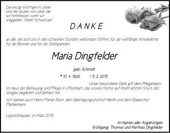 Traueranzeige von Maria Dingfelder von Neustadt/ Scheinfeld/ Uffenheim