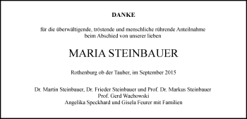 Traueranzeige von Maria Steinbauer von Ansbach