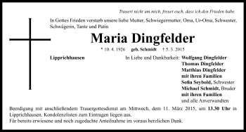 Traueranzeige von Maria Dingfelder von Neustadt/ Scheinfeld/ Uffenheim