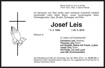 Traueranzeige von Josef Leis von Dinkelsbühl/ Feuchtwangen