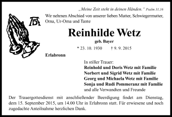 Traueranzeige von Reinhilde Wetz von Neustadt/ Scheinfeld/ Uffenheim