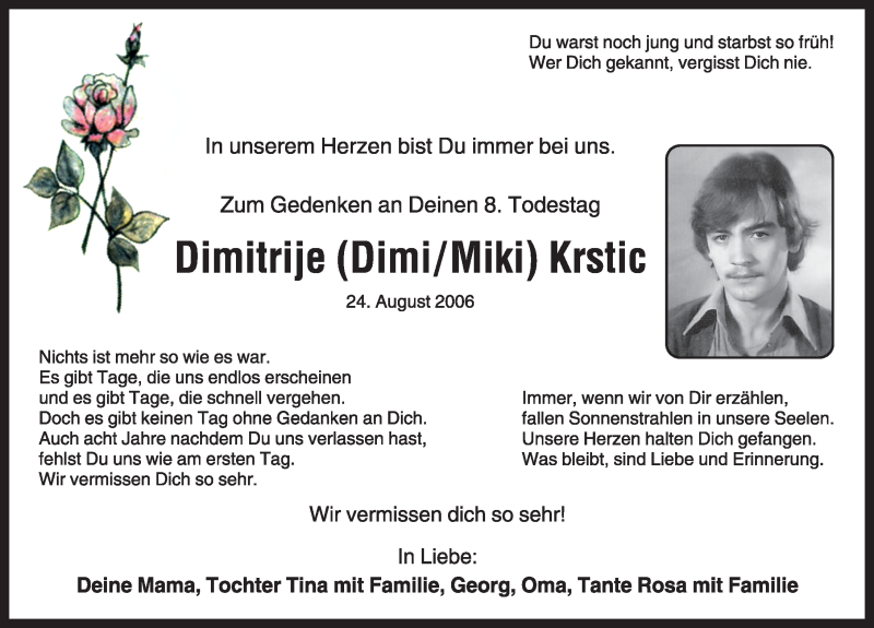  Traueranzeige für Dimitrije Krstic vom 23.08.2014 aus Rothenburg