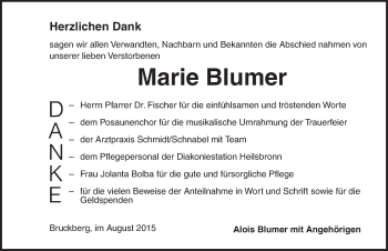 Traueranzeige von Marie Blumer von Ansbach