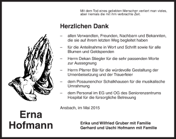 Traueranzeige von Erna Hofmann von Ansbach