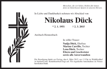 Traueranzeige von Nikolaus Dück von Ansbach