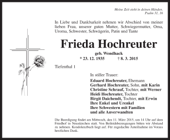 Traueranzeige von Frieda Hochreuter von Ansbach