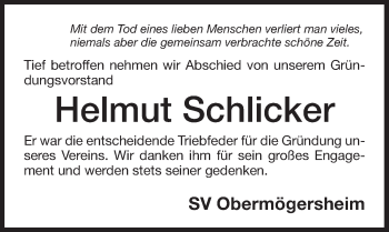 Traueranzeige von Helmut Schlicker von Dinkelsbühl/ Feuchtwangen