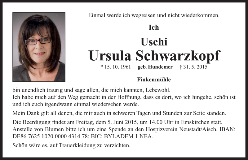  Traueranzeige für Ursula Schwarzkopf vom 03.06.2015 aus Neustadt/ Scheinfeld/ Uffenheim