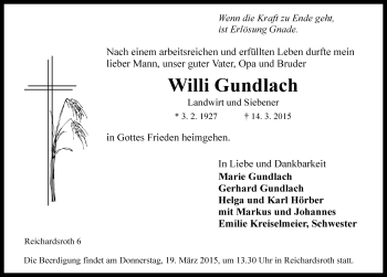 Traueranzeige von Willi Gundlach von Rothenburg