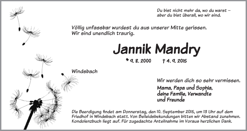  Traueranzeige für Jannik Mandry vom 09.09.2015 aus Ansbach