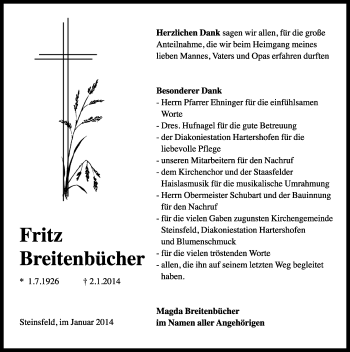 Traueranzeige von Fritz Breitenbücher von Rothenburg