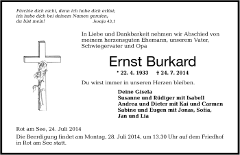 Traueranzeige von Ernst Burkard von Rothenburg