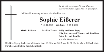 Traueranzeige von Sophie Eißerer von Neustadt/ Scheinfeld/ Uffenheim