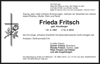 Traueranzeige von Frieda Fritsch von Ansbach