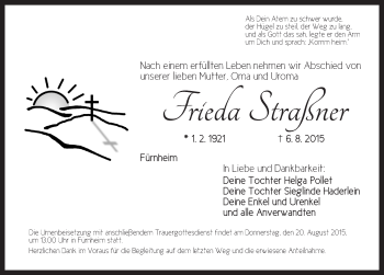 Traueranzeige von Frieda Straßner von Dinkelsbühl/ Feuchtwangen