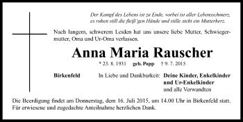 Traueranzeige von Anna Maria Rauscher von Neustadt/ Scheinfeld/ Uffenheim