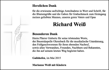 Traueranzeige von Richard Weiß von Neustadt/ Scheinfeld/ Uffenheim